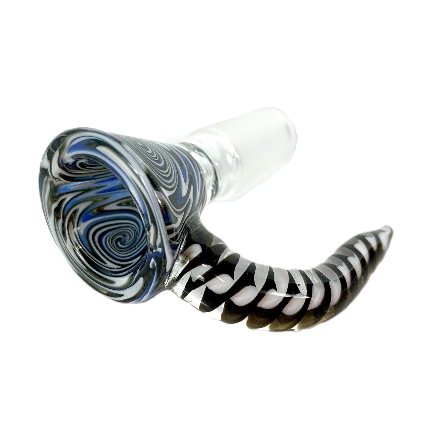 14mm Glass Cone Piece with Black Rams Horn - Blue and White Swirl Design - The Bong Baron