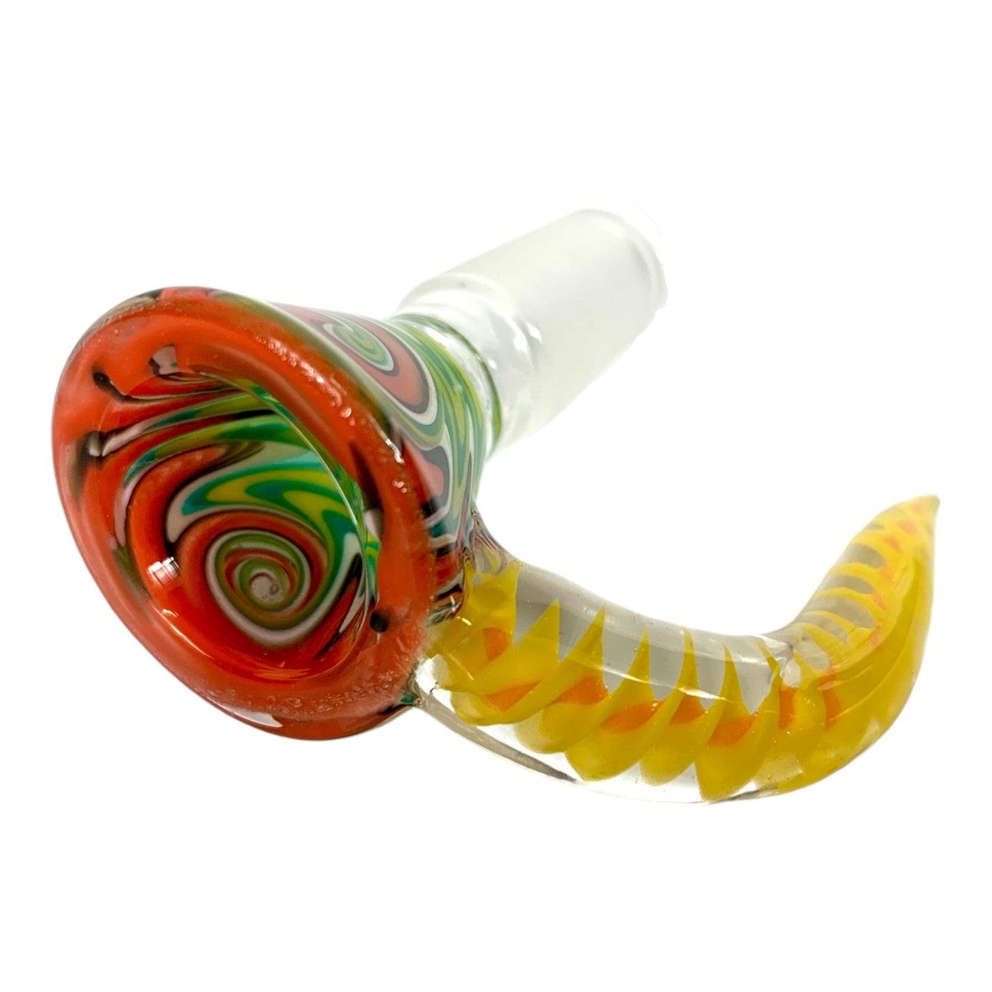 14mm Glass Cone Piece with Yellow Rams Horn - Green and Red Swirl Design - The Bong Baron