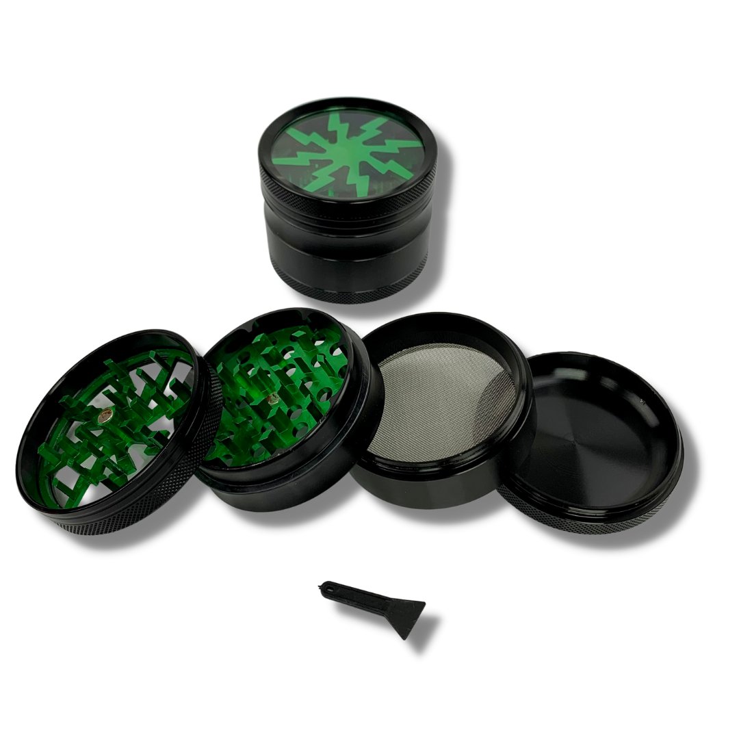 63mm 4 Layer Lightning Window Herb Grinder Green - The Bong Baron