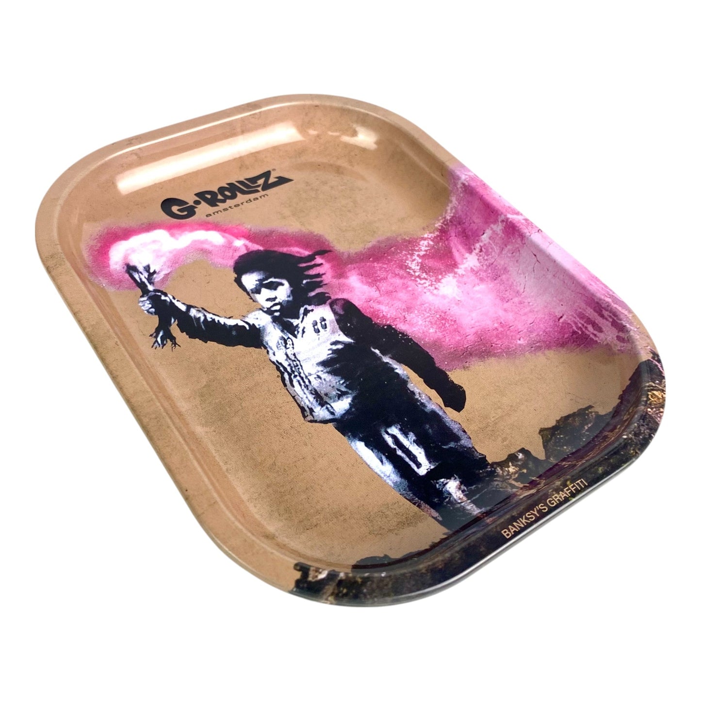 Banksy Girl with Pink Smoke Rolling Tray – G - Rollz Amsterdam 18x14cm - The Bong Baron
