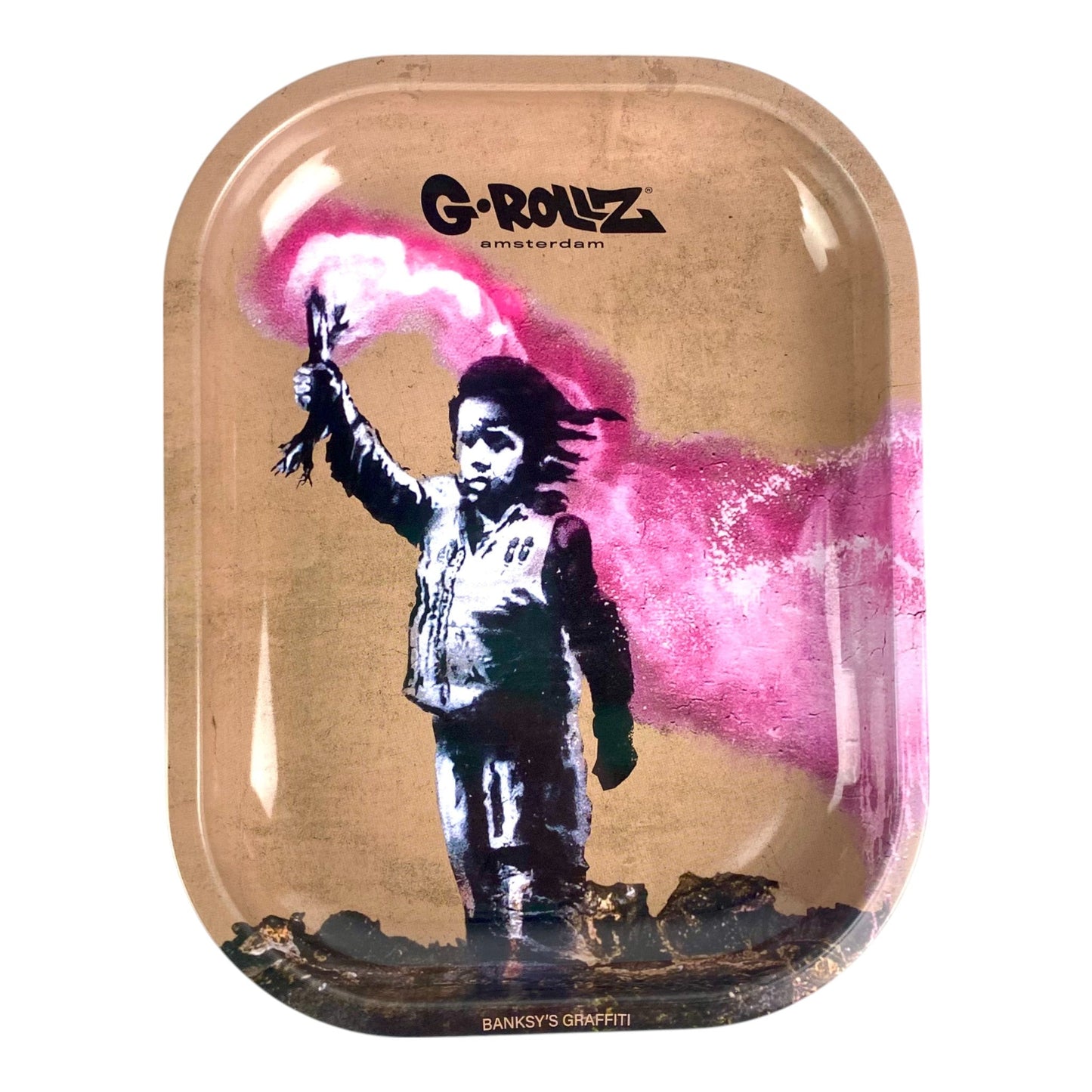 Banksy Girl with Pink Smoke Rolling Tray – G - Rollz Amsterdam 18x14cm - The Bong Baron