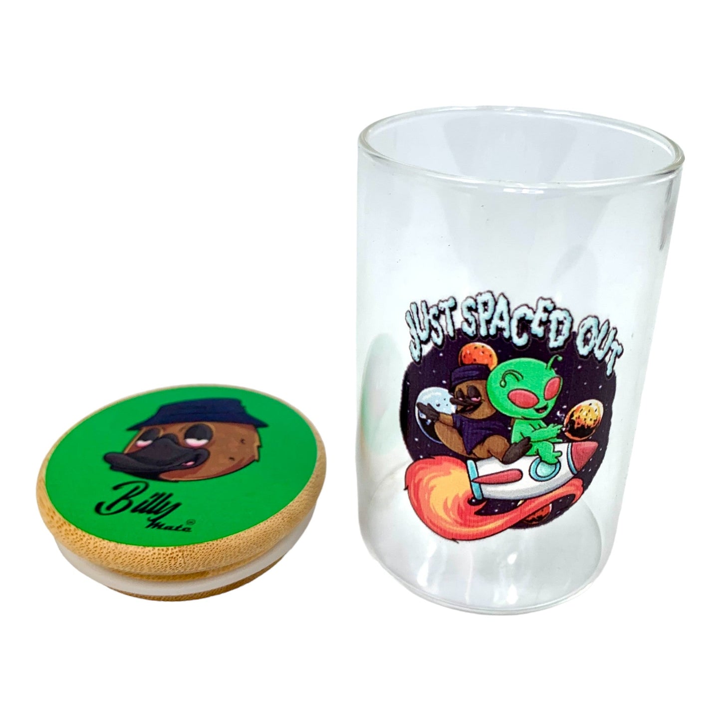 Billy Mate Glass Storage Jar with Bamboo Lid 11 x 6.5cm Green Alien - The Bong Baron