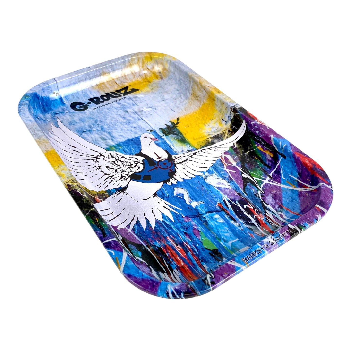 G Rollz - Banksy Bullet Proof Dove Large Rolling Tray 27 x 17cm - The Bong Baron
