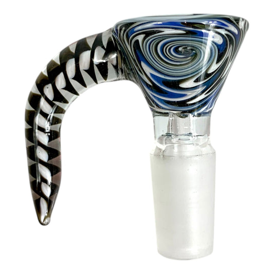 14mm Glass Cone Piece with Black Rams Horn - Blue and White Swirl Design - The Bong Baron