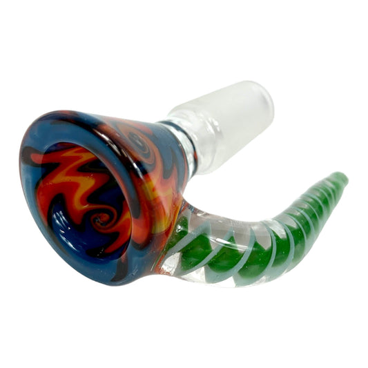 14mm Glass Cone Piece with Rams Horn Style Handle - Green and Blue Orange Swirl Design - The Bong Baron