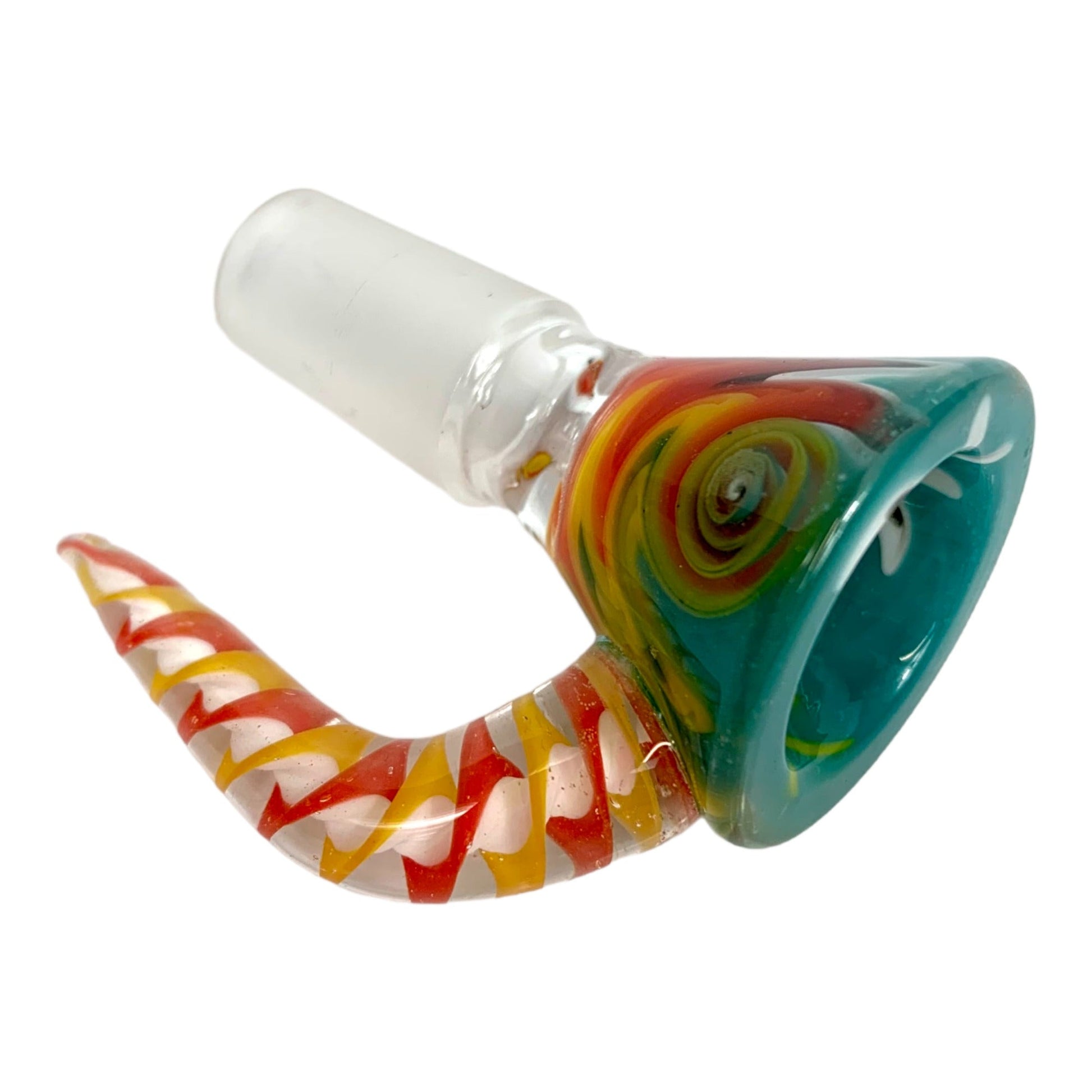 14mm Glass Cone Piece with Rams Horn Style Handle - Yellow and Red Swirl Design - The Bong Baron