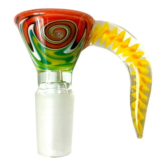 14mm Glass Cone Piece with Yellow Rams Horn - Green and Red Swirl Design - The Bong Baron