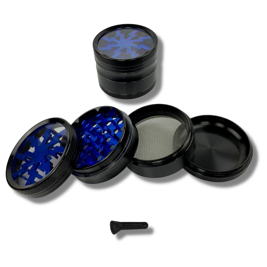 63mm 4 Layer Lightning Window Herb Grinder Blue - The Bong Baron
