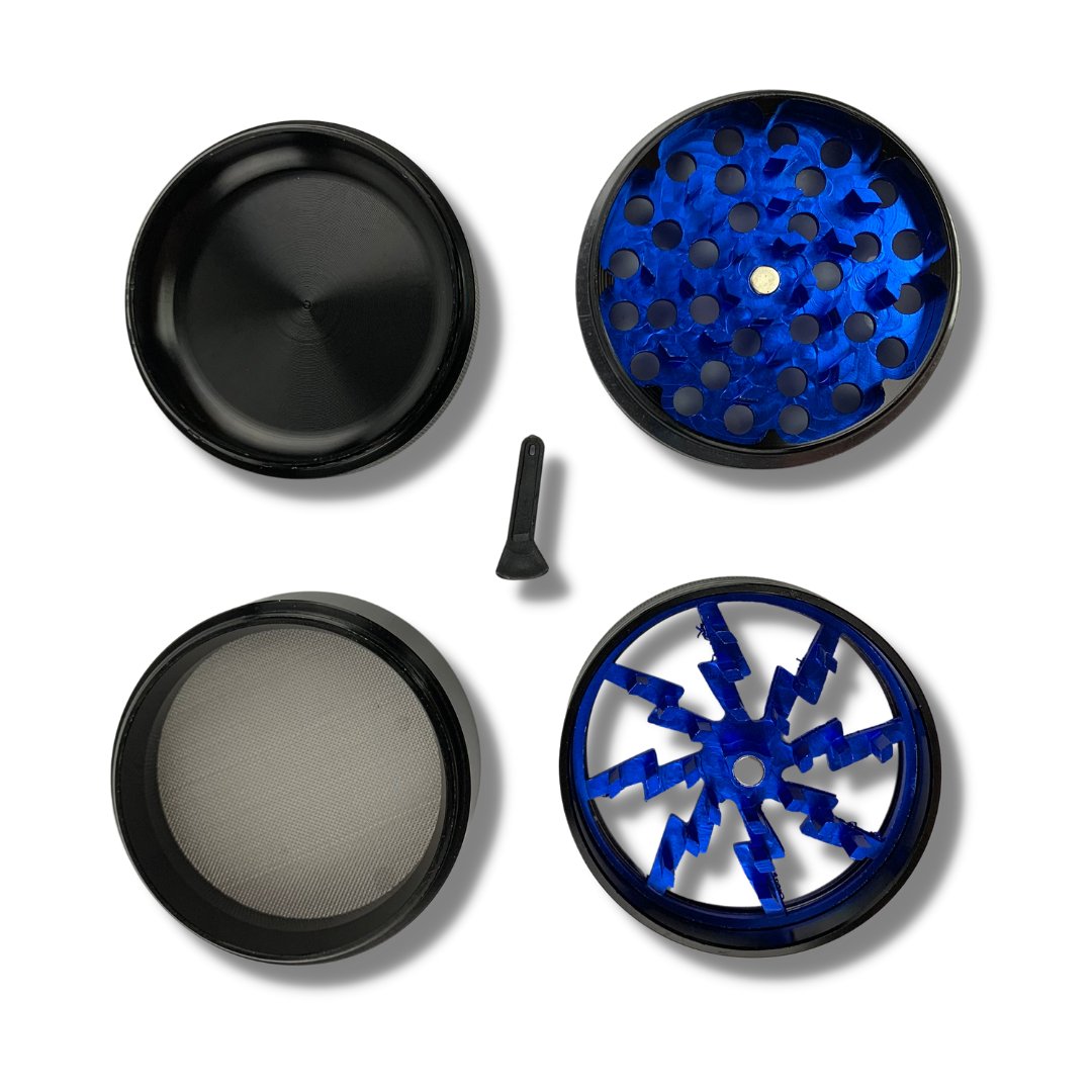 63mm 4 Layer Lightning Window Herb Grinder Blue - The Bong Baron