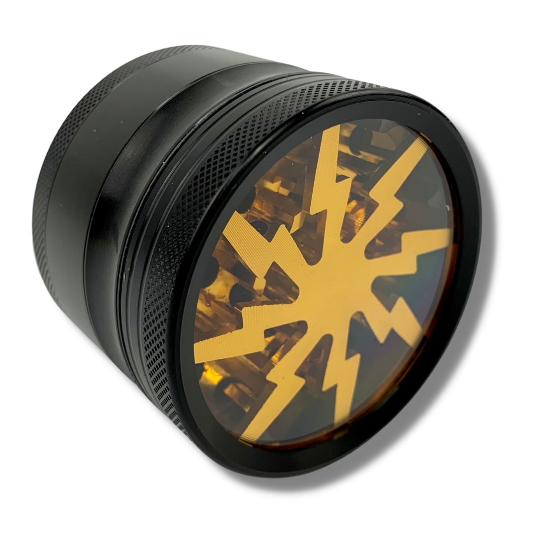 63mm 4 Layer Lightning Window Herb Grinder Gold - The Bong Baron