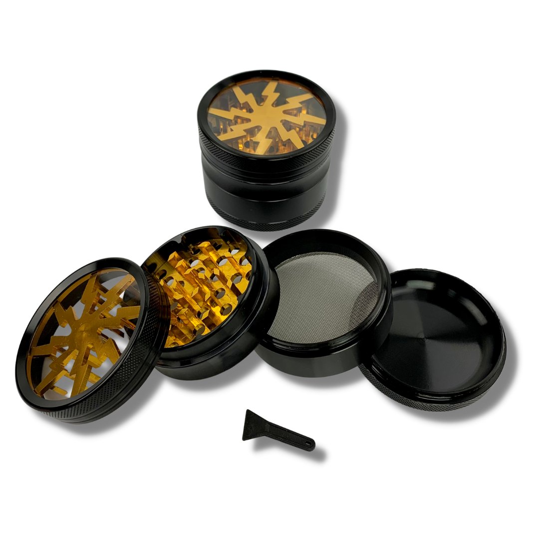 63mm 4 Layer Lightning Window Herb Grinder Gold - The Bong Baron