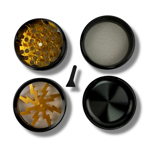 63mm 4 Layer Lightning Window Herb Grinder Gold - The Bong Baron