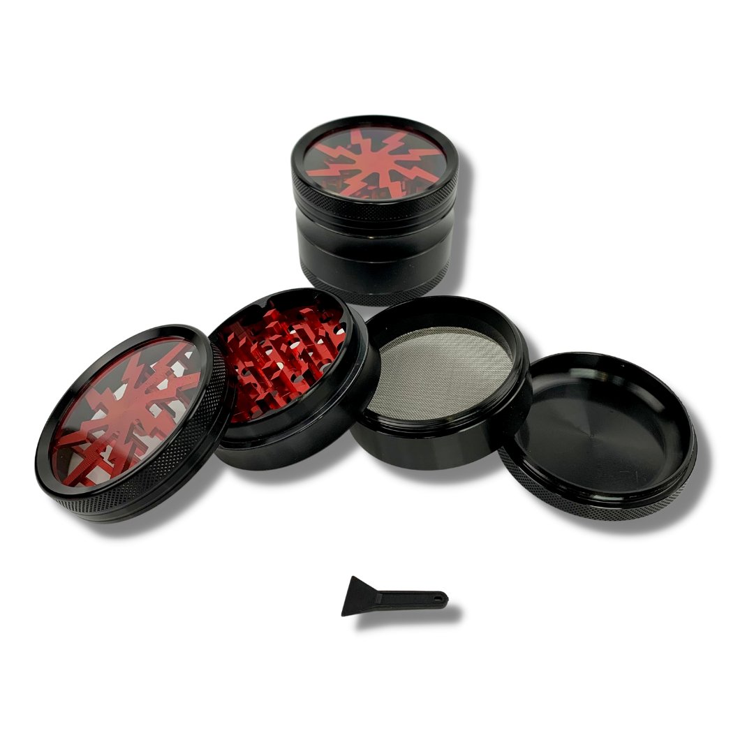 63mm 4 Layer Lightning Window Herb Grinder Red - The Bong Baron