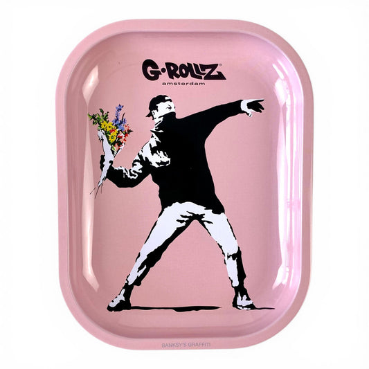 Banksy Pink Flower Bomb - G Rollz Rolling Tray 18 x 14cm - The Bong Baron