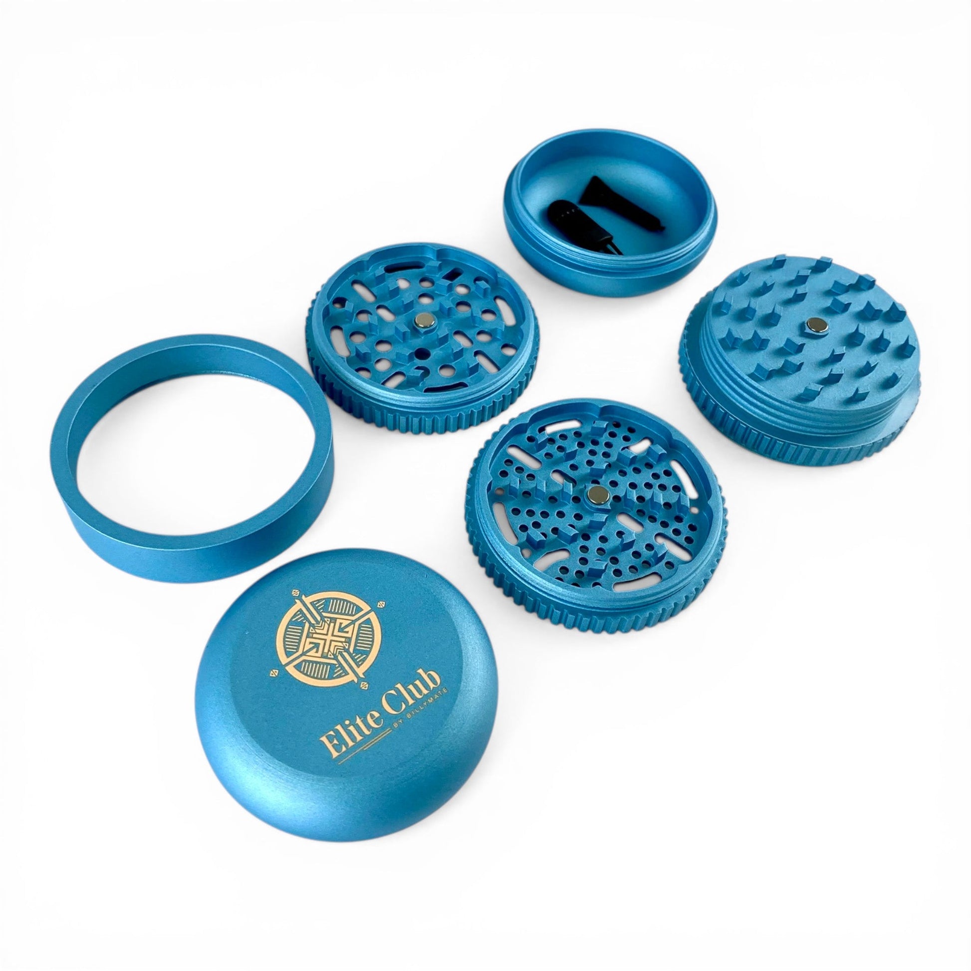 Elite Club Adjustable Herb Grinder 63mm Blue – Fine & Coarse Plates - The Bong Baron